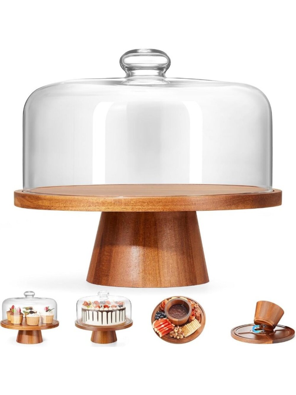 11in Acacia Wood Cake Stand with Glass Dome & Magnetic Pedestal - Elegant